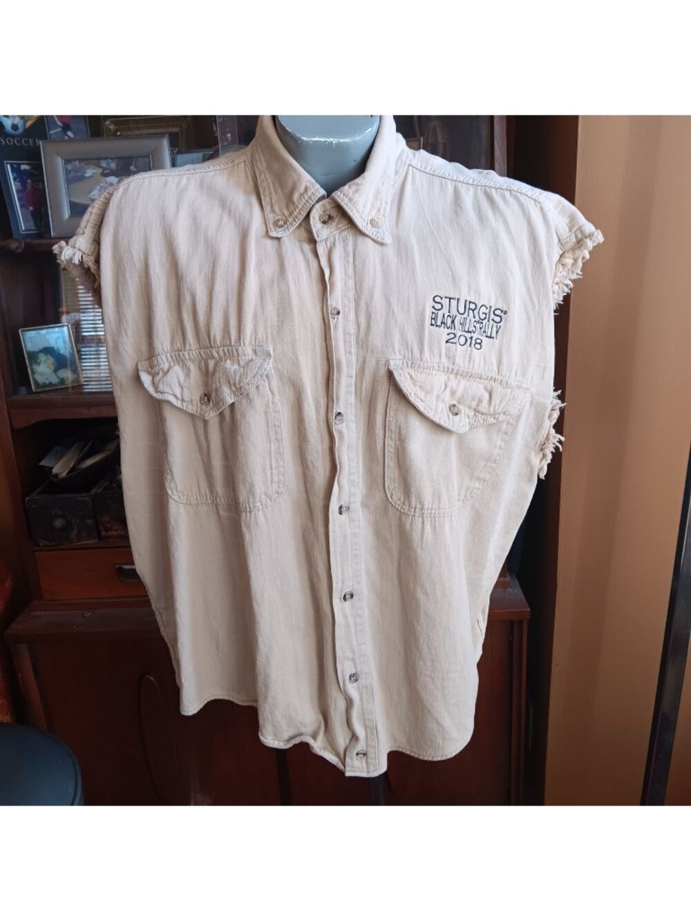 3XL Biker Wear Shirt USA Sturgis Black Hills Rally 2018 Beige Sleeveless Rashed